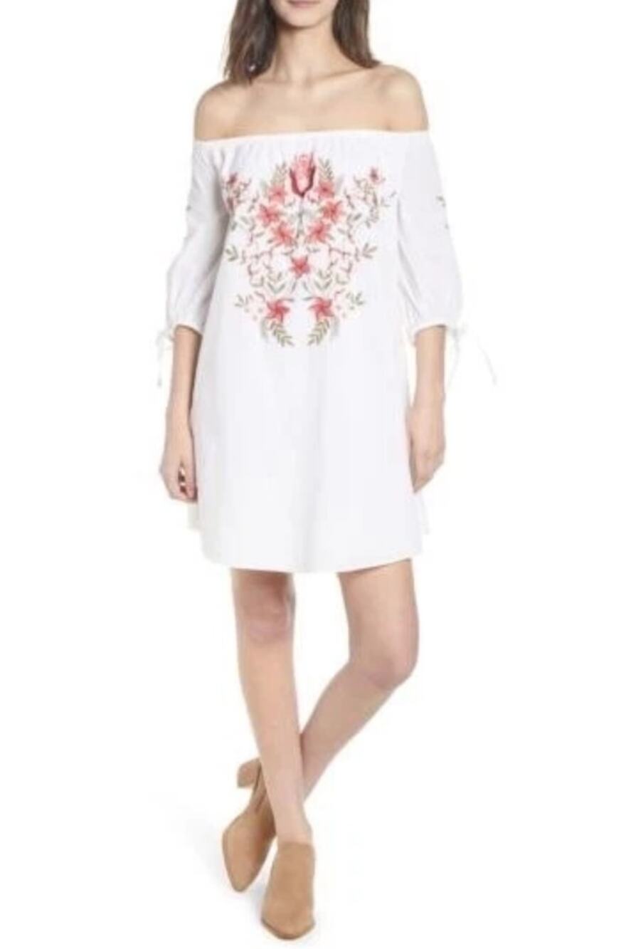 NEW Hinge Off The Shoulder Floral Embroided Mini Dress Size M Cotton Boho Party